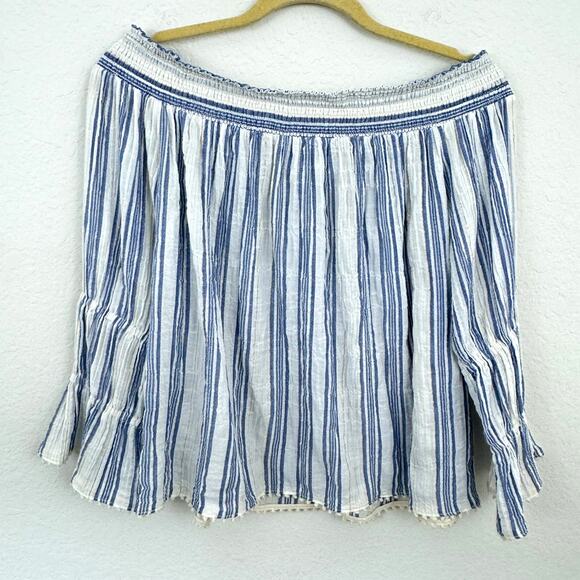 LoveShackFancy Women's Daisy Off Shoulder Striped Cotton Blouse Top Blue Size M - Picture 1 of 9